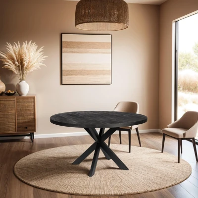 Afbeelding van Zita Home Eettafel Thom 100cm rond volledig zwart massief hout metalen kruispoot