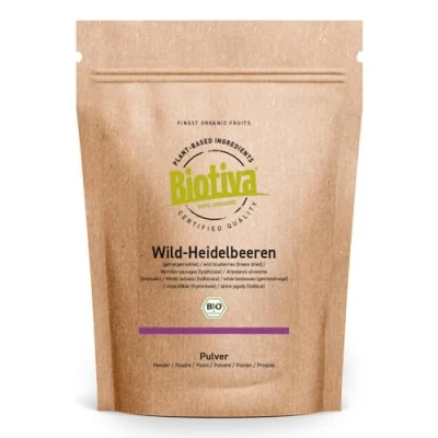 Afbeelding van Biotiva Wild Blueberry Powder Organic 150g Vaccinium myrtillus bosbessenpoeder gevriesdroogd geen oplosmiddelen vulstoffen gevuld en gecontroleerd in Duitsland (DE ÖKO 005)