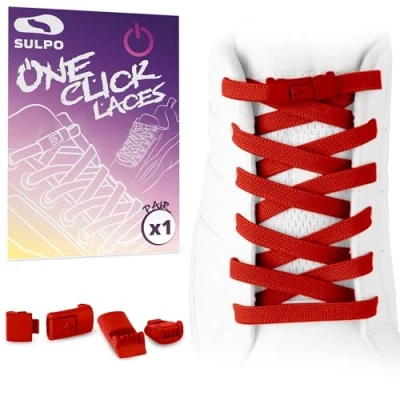 Afbeelding van SULPO Platte veters zonder strikken One Click kleurrijke snelsluiting Elastische schoenveters Rubber voor kinderen en volwassenen, rood