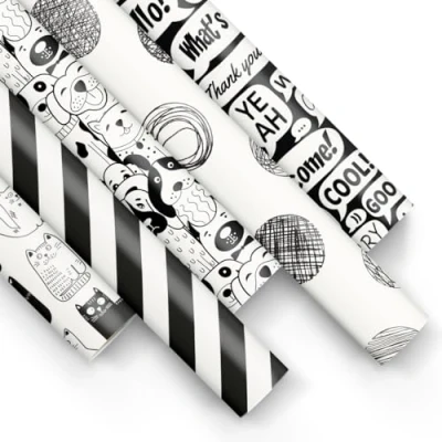 Afbeelding van PAW Cadeaupapier, 200 x 70 cm, 5 rollen, mix van motieven, elegante papierrol voor verjaardagen, bruiloften, babyfeestjes, feestjes en geschenken, zwart wit