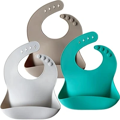 Afbeelding van Siliconen baby slabbetjes, set van 3, BPA vrij, zachte, verstelbare, waterdichte slabbetjes voor baby&#039;s op voetjes, Kallaite/Lunar Grey/Offwhite
