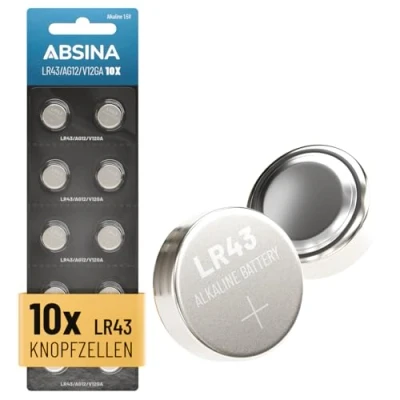 Afbeelding van ABSINA 10 x AG12 LR43 batterijen knoopcellen, 1,5 V alkaline knoopcellen LR43, lekvrij en met lange houdbaarheid, LR 43/186/LR1142/L1142/V12GA / GPA76 RW84