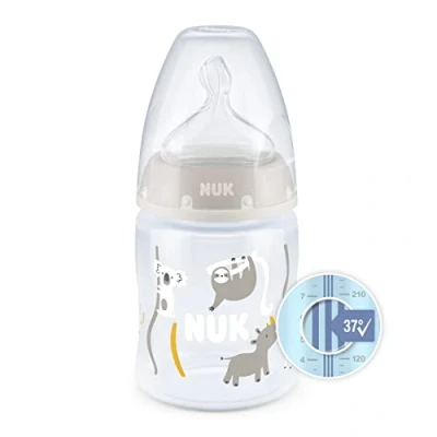 Afbeelding van NUK First Choice+ babyfles 0 6 maanden Temperatuurregeling Anti koliek Vent 150 ml BPA vrij Siliconen speen Safari (Beige)