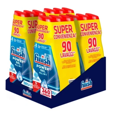 Afbeelding van Finish Powergel Vaatwasmiddel, vloeibaar, multifunctioneel, 100% beschermd servies, 360 wasbeurten, meerkleurig, 12 verpakkingen met elk 30 zonder geur, 7200 ml