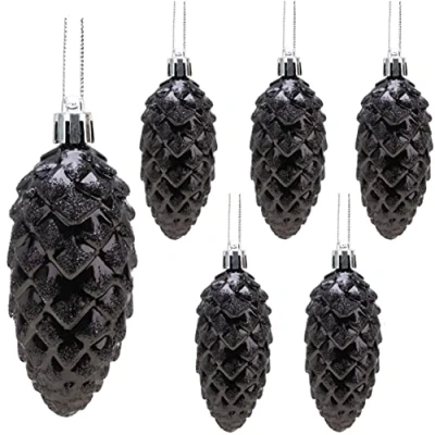 Afbeelding van Christmas Concepts® Pack van 6 90mm (3.6&quot;) dennenappel kerstballen glanzend en met glitter versierd luxe kerstversieringen (zwart)