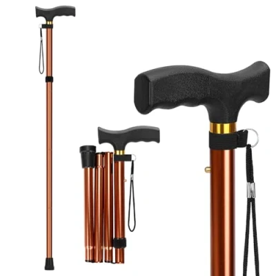 Afbeelding van supregear Opvouwbare Wandelstok, Lichtgewicht 5 Niveaus Verstelbare Stok met Polsband en T Handvat, Reiswandelstok voor Ouderen Gehandicapte Mannen Vrouwen, Balanceringshulpmiddel, Khaki