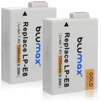 Afbeelding van 2x Blumax Gold Edition Batterij vervangt Canon LP E8 compatibel met EOS 550D 600D 650D 700D 1260mAh 7,4V 9,3Wh