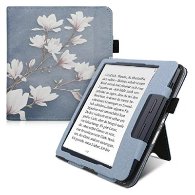 Afbeelding van kwmobile e reader hoesje compatibel met Kobo Libra H2O Ereader case van kunstleer Magnolia in taupe/wit/blauwgrijs