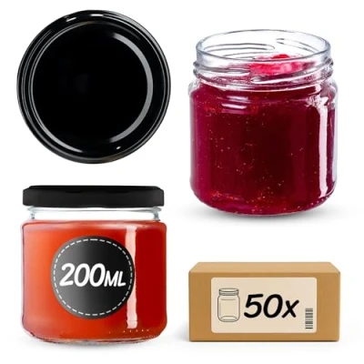 Afbeelding van KADAX kleine inmaakpotten, 200 ml, jampotten, diameter 66 mm, potten voor honing en specerijen, luchtdichte potten, weckpotten, ronde (50 stuks, zwart)