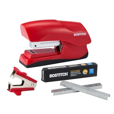 Afbeelding van Bostitch Office Heavy Duty 40 vel nietmachine met 1250 nietjes en klauwverwijderaar, kleine nietmachine, past in de palm van je hand, voordeelpakket, rood (B175 RED VP)