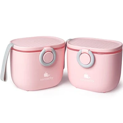 Afbeelding van Termichy Melkpoeder portioneerder, melkpoederdispenser, 250 g luchtdichte draagbare melkpoederhouder voor reizen, met schraper en lepel (roze, 2 stuks)