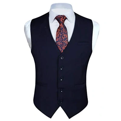 Afbeelding van Enlision Gilet voor heren, formele effen giletjes bruiloft, kleur smoking, smokingjas, zakelijk pak, vest met zakken XS 4XL, Donkerblauw, L
