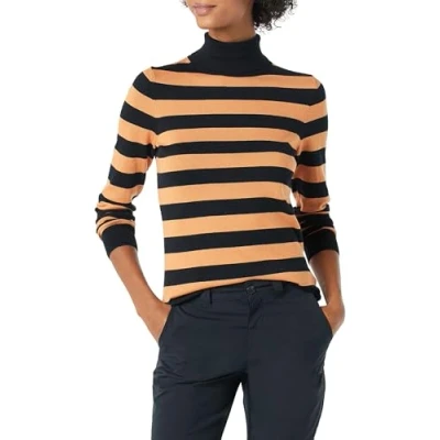 Afbeelding van Amazon Essentials Women&#039;s Lichtgewicht coltrui met lange mouwen en klassieke pasvorm (verkrijgbaar in grote maten), Zwart Camel Rugby, gestreept, S