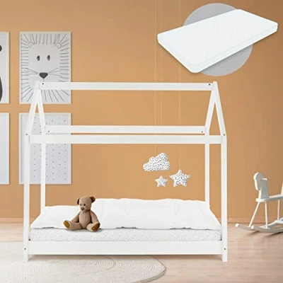 Afbeelding van Kinderbed met dak en lattenbodem 70x140 cm White Pine ML Design