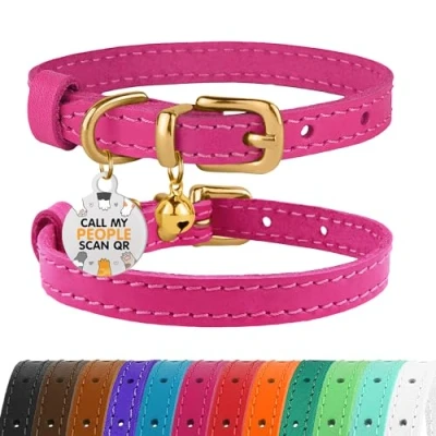 Afbeelding van BRONZEDOG Lederen kattenhalsband met belletjes, niet ontsnappend kitten QR tag voor meisje jongen (7&quot; 9&quot; katten, roze en goud)