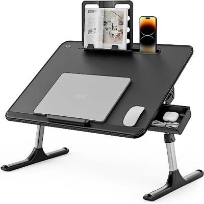 Afbeelding van SAIJI Inklapbare bedtafel, 60 x 40 cm, verstelbare hoogte in 5 niveaus, met boekenstandaard, lade, lapstopper, tabletsleuf, notebooktafel voor lezen of ontbijt en tekentafel