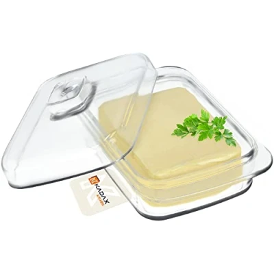 Afbeelding van KADAX Botervloot van glas, rechthoekige boterbel, heldere boterschaal met deksel en handvat, botervat, boterglas, vaatwasmachinebestendig (rechthoekig, 1 stuk 16 cm)