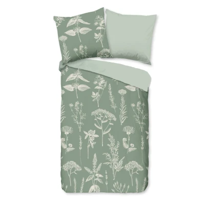 Afbeelding van Flanellen Dekbedovertrek 155x220 cm Bloemen en Kruiden Print Groen 1 Persoons 100% Katoen Oeko Tex Gecertificeerd