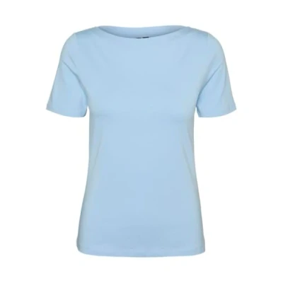 Afbeelding van Vero Moda Dames Effen Stretch T Shirt Basis Top Korte Mouw Bovenkleding met Boothals VMPANDA, Colour:Blue, Size:M