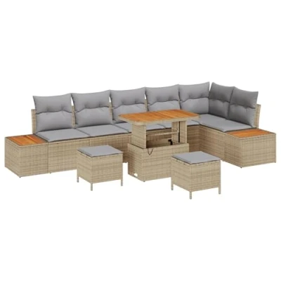Afbeelding van vidaXL 9 delige ligbed set met kussens in beige poly rattan en acacia