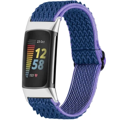 Afbeelding van Elastisch nylon bandje voor de Fitbit Charge 5 / 6 Donkerblauw iMoshion Textiel