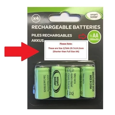 Afbeelding van 4 oplaadbare Ni MH 2/3 AA 200 mAh 1,2 V batterijen voor zonneproducten