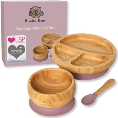 Afbeelding van Bubba Bear Kinderserviesset, kinderbord met zuignap, serviesset voor peuters, onderverdeeld babybord, bamboe babyservies lepel eten en voeden, babybord (vlierbes)