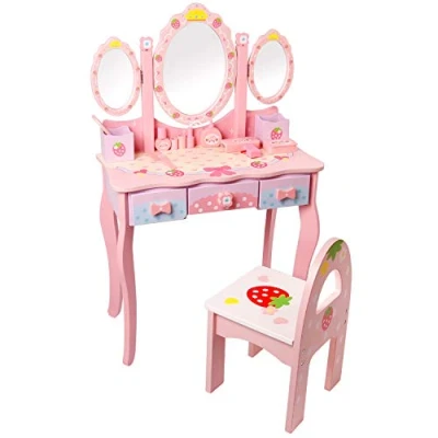 Afbeelding van CCLIFE aankleedtafel voor kinderen, Kids Vanity tabel Set met krukje &amp; spiegel meisjes make up houten lade 3,4,5,6,7,8 jaar oud kind meisje, Color:Roze