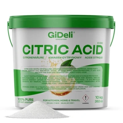 Afbeelding van GiDeli Citroenzuur levensmiddelenkwaliteit in poeder monohydraat 10.000 g pure E330 kristallen reinigingskwaliteit ontkalker zuurmiddel ongezoet hersluitbare emmer 10 kg