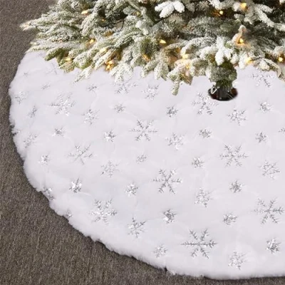Afbeelding van kerstboomdeken witte sneeuwvlok kerstboom rokken wit pluche imitatiebont kerstboomstandaard decoraties tapijt 120 cm