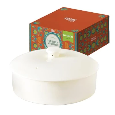 Afbeelding van Chef Tacos Tortillaverwarmer van keramiek, magnetronbestendig, tortillahouder, pannenkoekenhouder, ideaal voor opslag tortillero&#039;s, met deksel (25,4 cm, crème)