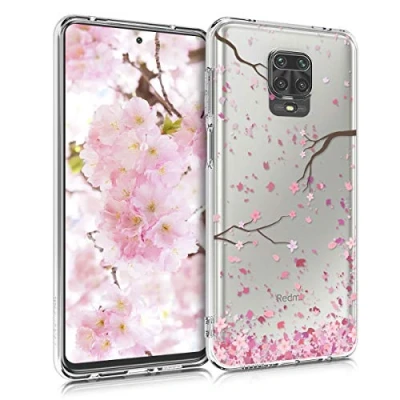 Afbeelding van kwmobile telefoonhoesje compatibel met Xiaomi Redmi Note 9S / 9 Pro Max Hoesje voor smartphone in poederroze/donkerbruin/transparant Kersenbloesembladeren