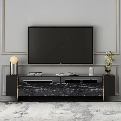 Afbeelding van Homidea Angel tv meubel, televisietafel, kast, woonwand, lage kast in modern design, 192,8 x 45 35 cm, zwart marmer