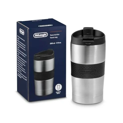 Afbeelding van De&#039;Longhi DLSC074 thermobeker voor op reis, roestvrijstalen dubbelwandige koffiemok warme en koude dranken, opening met één klik, inhoud 235 ml