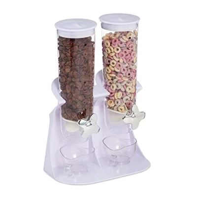Afbeelding van Relaxdays dubbele cornflakes dispenser 2 houders muesli snoep automaat wit