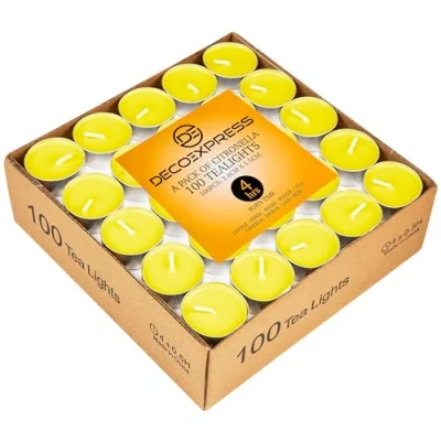 Afbeelding van Deco Express Theelichtjes, kleine geurkaarsen, 4 of 8 uur brandduur citronella kaarsen verpakking van 50 100 stuks (geel 100/4 uur)