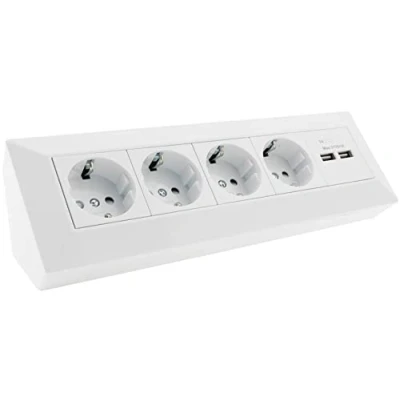 Afbeelding van 4 voudige stekkerdoos + 2x USB, wit, eenvoudig te monteren omdat de binnenkant voorbedraad is, opbouwmontage ideaal voor werkbladen en werkbanken