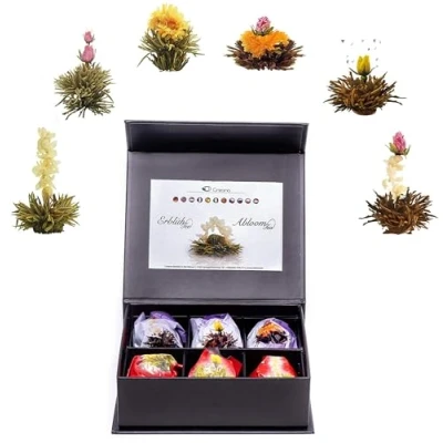 Afbeelding van Creano Theebloemenmix 6er ErblühTee witte &amp; zwarte Thee in edele magnetische doos met zilverkleurige embossing