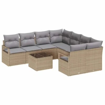 Afbeelding van vidaXL 9 delige Tuin Sofa Set met Kussens Beige Poly Rattan, 2 zits Opslag &amp; Rattan