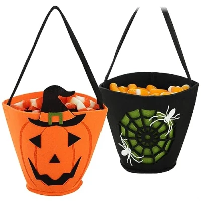 Afbeelding van COM FOUR® 2x Halloween tas zak voor het verzamelen van snoep verzamelzak vilt cadeauzakje met kindvriendelijke enge motieven (02 stuks zwart + oranje)