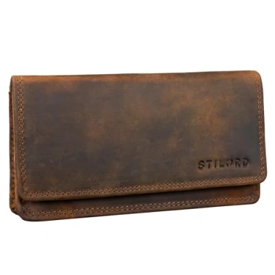 Afbeelding van STILORD &#039;Lotta&#039; lederen portemonnee dames RFID en NFC bescherming Vintage damesportemonnee met uitleesbescherming in geschenkdoosje, Kleur:middel bruin