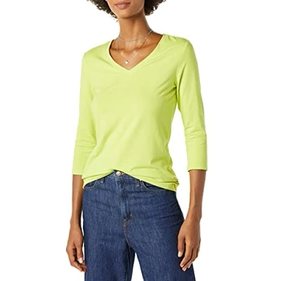 Afbeelding van Amazon Essentials Women&#039;s T shirt met driekwartmouwen en V hals in klassieke pasvorm (verkrijgbaar grote maten), Limoengroen, XS