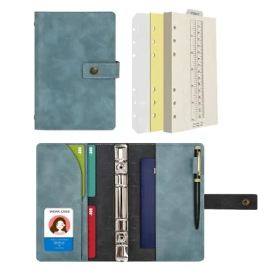 Afbeelding van WONDERPOOL Lederen dagboek, navulbaar notitieboek, ringband, map, portfolio, papier met stippellijnen en binnenvakken voor dames heren, meerblauw, A6