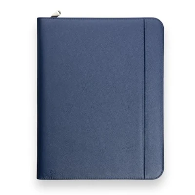 Afbeelding van Vebon® Rome Schrijfmap, A4, groot, dubbele ritssluiting, klembord, vergadermap en laptoptas, extra opbergruimte, zwart kunstleer, blauw