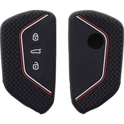 Afbeelding van kwmobile autosleutel hoesje geschikt voor VW Golf 8 3 knops hoes Siliconen behuizing Auto sleutel case met honingraat Sleuteletui in zwart / rood wit