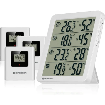 Afbeelding van Bresser Quadro NV Thermo hygrometer met 4 meetpunten, geïntegreerde sensor en 3 draadloze sensoren, smiley display, min/max geheugen, IP44