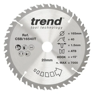 Afbeelding van Trend CraftPro TCT cirkelzaagblad met dunne kerf, 165 mm diameter x 40 tanden 20 asgat, wolfraamcarbide getipt, CSB/16540T