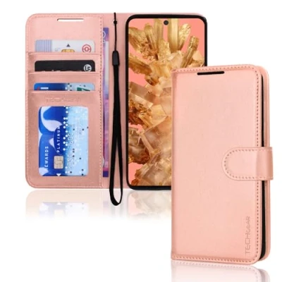 Afbeelding van TECHGEAR Pixel 8 lederen portemonneehoesje, flip beschermhoesje met portemonnee kaarthouder, standaard en polsband roségoud PU leer magnetische sluiting ontworpen voor Google
