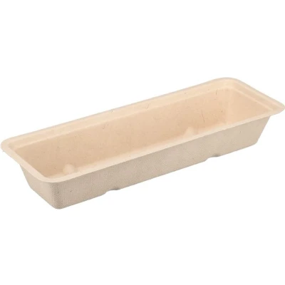 Afbeelding van Suikerriet Frikandelbak Bagasse Snacktray A16 Bruin (krimp)