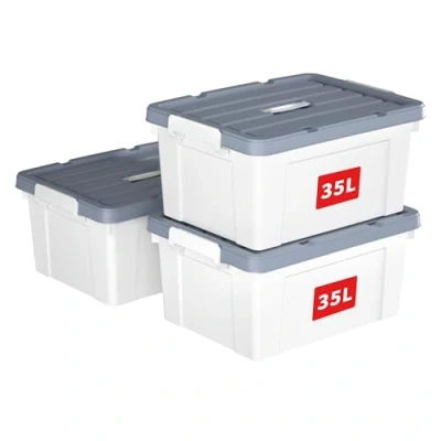 Afbeelding van Cetomo 35L*3 Plastic Opbergdoos, Draagdoos, Organiserende Container met Duurzaam Deksel en Veilige Sluitgespen, Stapelbaar Nestbaar, 3Pack, Wit